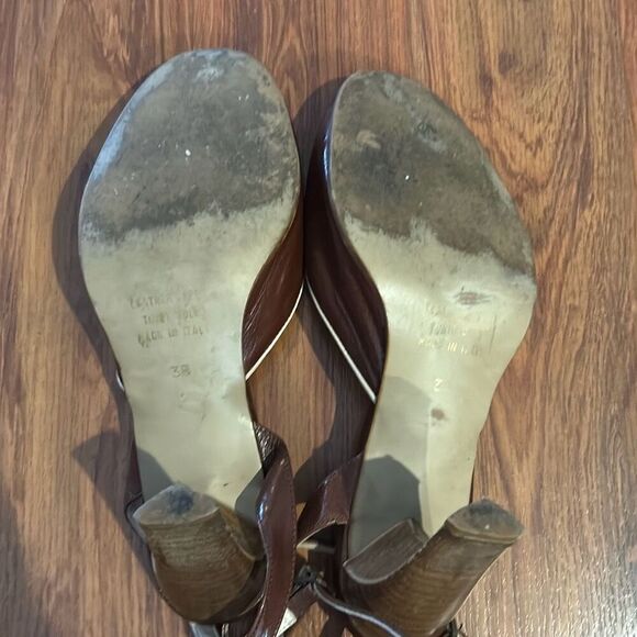 Bloomingdale's brown leather peep toe heels vintage 1970s 8 - Picture 5 of 5
